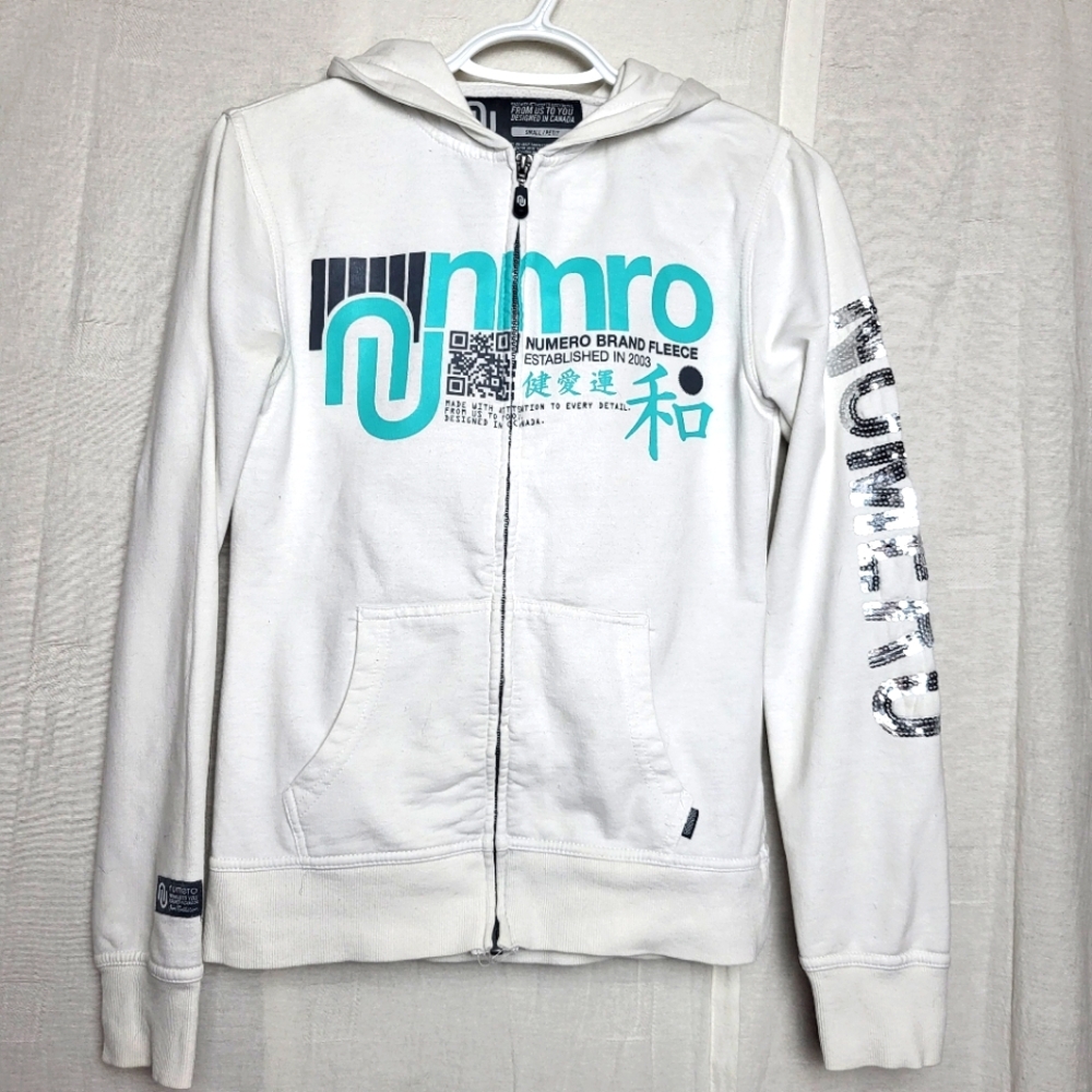 Numero Women's White Teal Silver Sequin Streetwear Fleece Hoodie Sweater